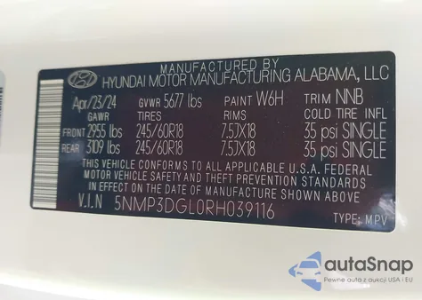 2024 Hyundai Santa Fe Xrt from USA, damaged, VIN 5NMP3DGL0RH039116